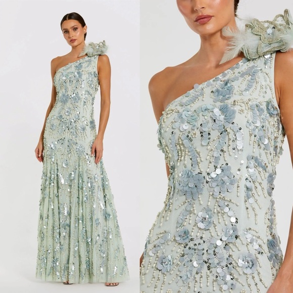 Mac Duggal Dresses & Skirts - Mac Duggal Pale Mint One-Shoulder Sequin Floral Gown